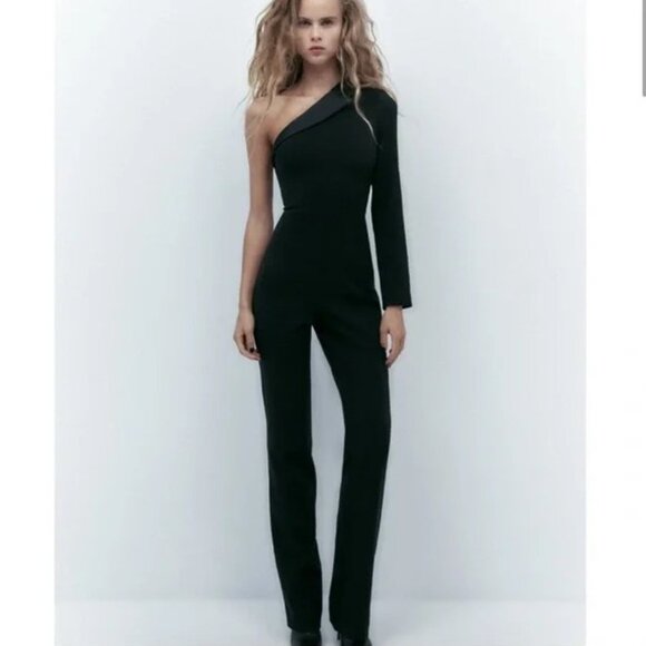 Zara Black One-Shoulder Tuxedo Jumpsuit, NWT, S - Picture 2 of 16
